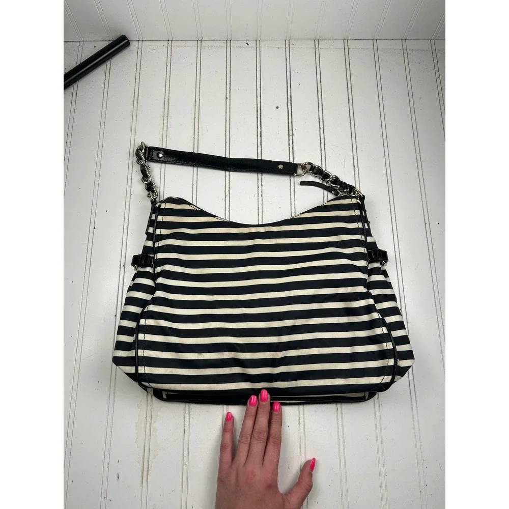 Kate Spade Vintage Y2K Black White Striped Nylon Shoulder Bag Chain Strap Purse
